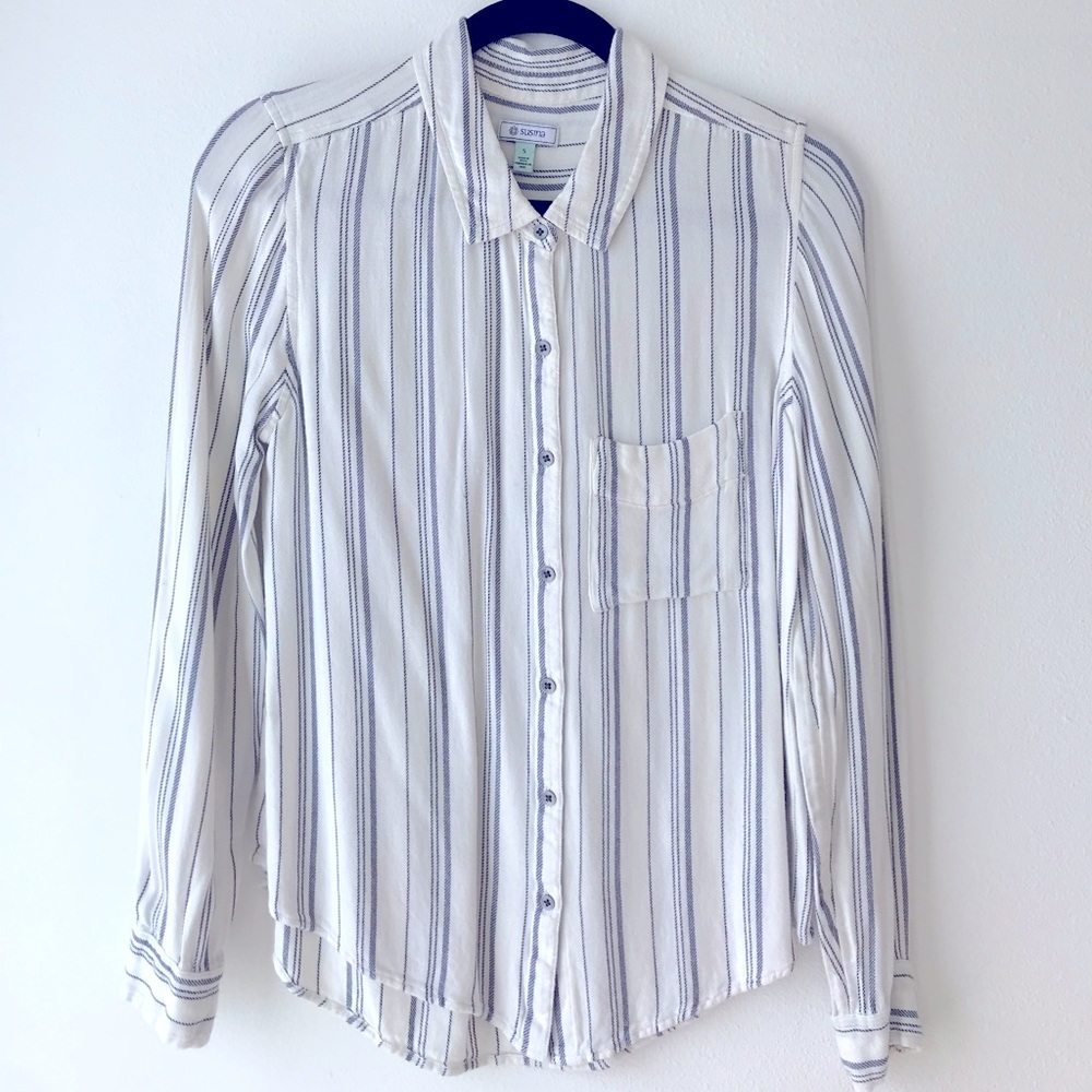 Susina Women Ivory Blue Stripe Long Sleeve Collared Button Down Shirt Top, Small